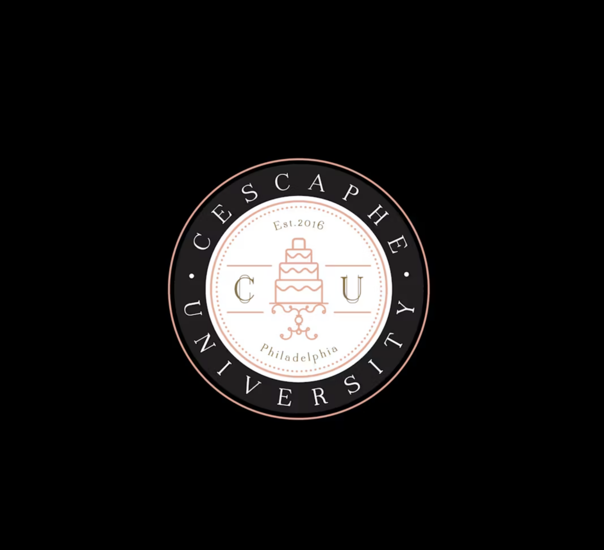 Circular logo featuring a cake illustration at the center, encircled by "Cescaphe University Philadelphia Est. 2016" on a sleek black background, reflecting the essence of Cescaphe University.